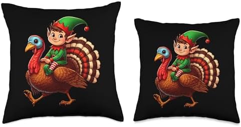Funny Christmas Elf Riding Thanksgiving Turkey Xmas Party Throw Pillow - Image 3