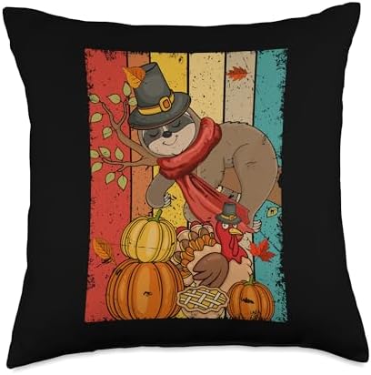 Vintage Retro Thanksgiving Sloth Sleeping Fall Tree Turkey Throw Pillow by Unknown