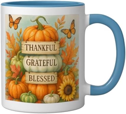 Thankful Grateful Blessed - Fall Pumpkin Family Thanksgiving Ceramic Mug, Blue/White, 11oz - Image 2