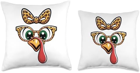 Thanksgiving Turkey Face Leopard Bow Glasses Women Girls Throw Pillow - Image 3