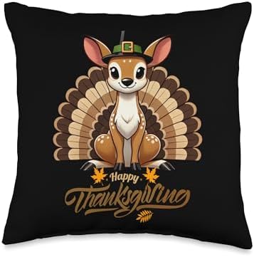 Funny White-Tailed Deer with Turkey Feathers Thanksgiving Throw Pillow by Unknown