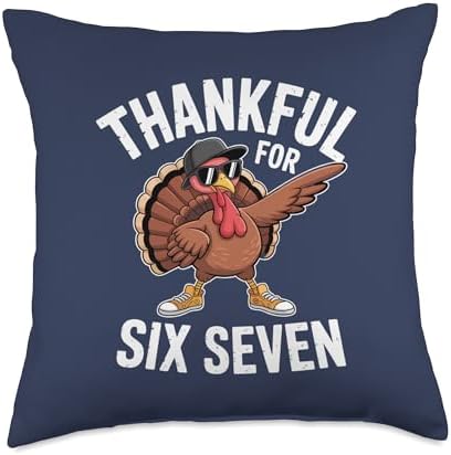 Funny Six Seven Thanksgiving Thankful for 67 Running Turkey Throw Pillow by Unknown