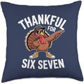 Funny Six Seven Thanksgiving Thankful for 67 Running Turkey Throw Pillow by Unknown