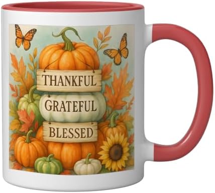 Thankful Grateful Blessed - Fall Pumpkin Family Thanksgiving Ceramic Mug, Red/White, 11oz - Image 2