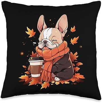 French Bulldog Autumn Pumpkin Spice Latte Frenchie Dog Throw Pillow by Unknown