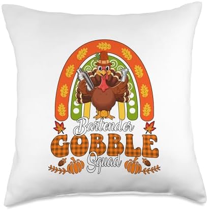 Bartender Gobble Squad Thanksgiving Turkey Fall Rainbow Throw Pillow by Unknown