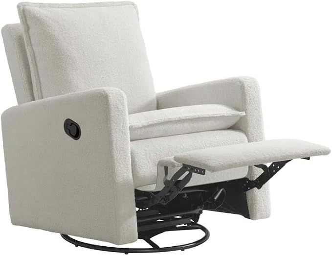 Oxford Baby Uptown Upholstered Glider Recliner Rocking Chair 360° Swivel for Nursery and Living Room - Boucle White, Green Guard Gold Certified