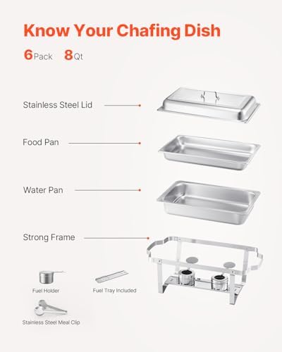 VEVOR Chafing Dish Buffet Set, 8 Qt 6 Pack, Stainless Steel Chafer with 6 Full Size Pans, Rectangle Catering Warmer Server with Lid Water Pan Stand Fuel Holder, for Weddings Parties Banquets, Silver - Image 6