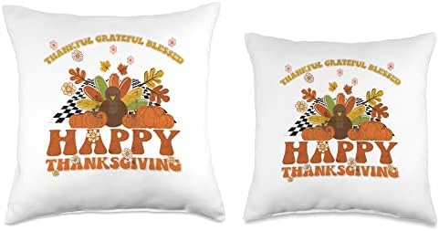 Thankful Grateful Blessed Happy Thanksgiving Turkey Groovy Throw Pillow, 16x16, Multicolor - Image 3