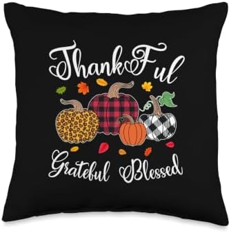 Thankful Grateful Blessed Leopard Plaid Pumpkin Thanksgiving Throw Pillow by Unknown