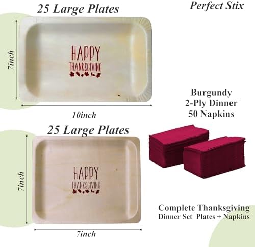 Perfect Stix Thanksgiving Plates and Napkins Set, 25 Large 10-Inch and 25 Small 7-Inch Wooden Plates with 50 Burgundy 2-Ply Dinner Napkins - Image 2