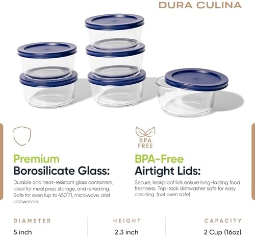 12-Piece Glass Food Storage Containers Set (6 Containers + 6 BPA-Free Lids) | 2-Cup, Leakproof | Microwave, Freezer, Oven & Dishwasher Safe | Ideal for Meal Prep & Pantry Organization, Blue