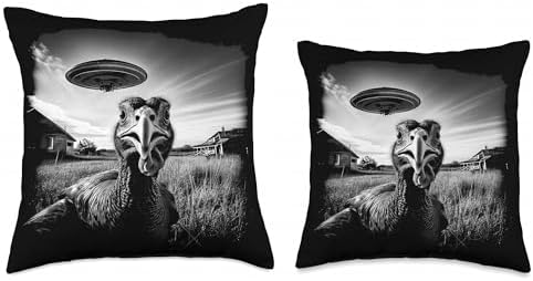 Turkey Selfie UFO Funny Black & White Thanksgiving Vintage Throw Pillow - Image 3
