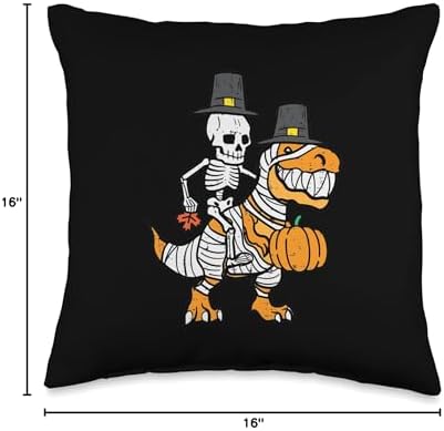 Thanksgiving Skeleton On Trex Dino Fall Boys Kids Toddlers Throw Pillow - Image 4