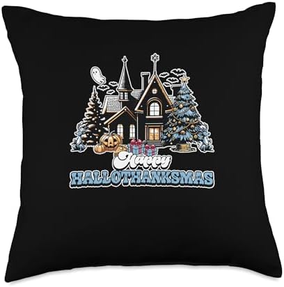 Halloween Thanksgiving Christmas HalloThanksMas House Throw Pillow by Unknown