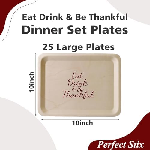 Perfect Stix 10-Inch Wooden Plates with “Eat Drink & Be Thankful” Printed in Burgundy – Eco-Friendly Disposable Dinner Plates – Fall Tableware for Thanksgiving & Friendsgiving Parties – Pack of 25 - Image 2
