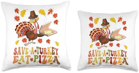 Funny Thanksgiving Costume 2023 Groovy Save A Turkey Eat A Pizza Funny Thanksgiving Costume Throw Pillow, 18x18, Multicolor - Image 3