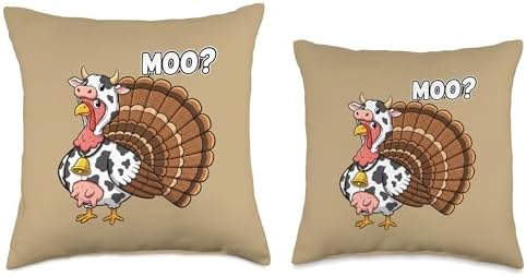 Funny Thanksgiving Turkey Wearing Cow Costume Moo Pun Farm Throw Pillow - Image 3