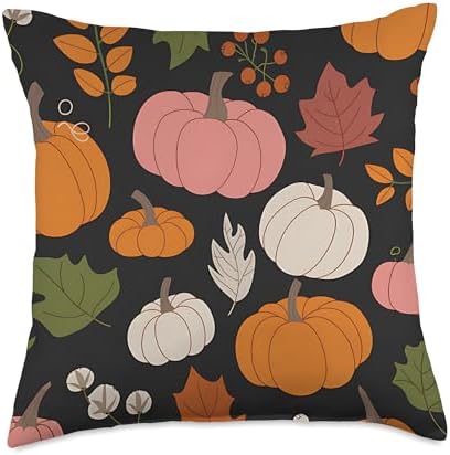 Pumpkin Autumn Pattern Thanksgiving Colorful Fall Leaves Throw Pillow by Unknown