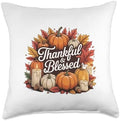 Thankful & Blessed – Autumn Pumpkin Thanksgiving Tee Throw Pillow by Unknown