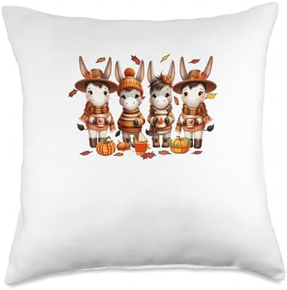 Group Cute Mules Thanksgiving Flowers Fall Pumpkins Farmer Throw Pillow by Unknown