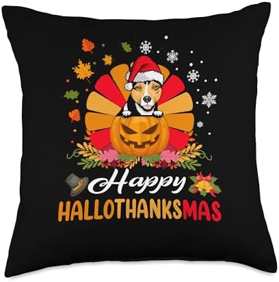 Rat Terrier Hallothanksmas Halloween Thanksgiving Christmas Throw Pillow by Unknown