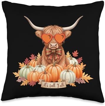 Fall Highland Cow Pumpkin Bow Thanksgiving Fall Girl Women Throw Pillow by Unknown