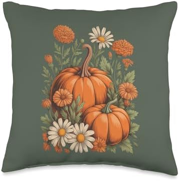 Hello Fall Vintage Thanksgiving Floral Botanical Pumpkin Throw Pillow by Unknown