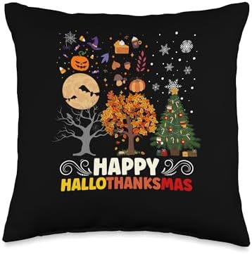 Wonderful Holidays Hallothanksmas Celebration Halloween Thanksgiving Christmas Hallothanksmas Trees Throw Pillow, 16x16, Multicolor by Unknown