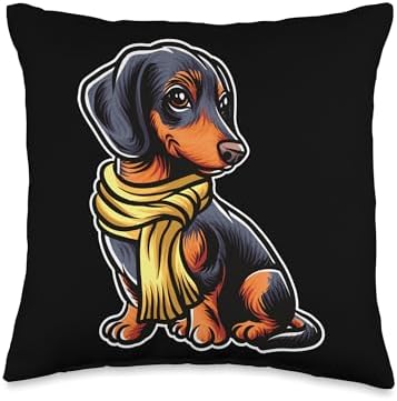 Dachshund Dog Scarf Pumpkin Autumn Fall Happy Thanksgiving Throw Pillow by Unknown