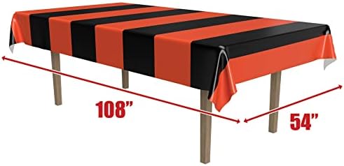 Beistle Orange & Black Stripes Tablecovers, 54” x 108”, 2 Pieces – Plastic Table Cloth, Rectangular Tablecloth, Holiday Tablecloth, Halloween Plastic Tablecloth, Halloween Decorations