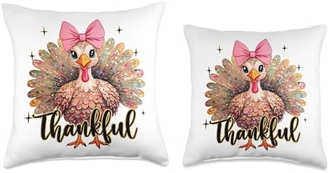 Thankful Girl Turkey Bow Sparkle Thanksgiving Fall Vibes Throw Pillow - Image 3