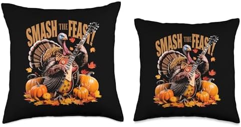 Smash The Feast Thanksgiving Turkey Pilgrim Guitarist Throw Pillow - Image 3