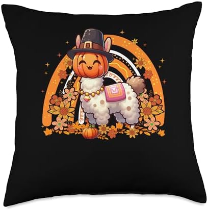 Llama Fall Pumpkin Cute Head Thanksgiving Flowers Rainbow Throw Pillow by Unknown