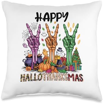 thanksgiving christmas hallothanksmas hand Skeletons Throw Pillow by Unknown