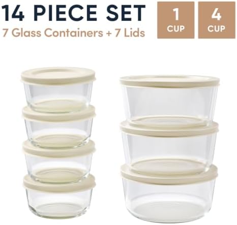 14-Piece Glass Food Storage Containers Set (7 Containers + 7 BPA-Free Lids) | 1-Cup & 4-Cup, Leakproof | Microwave, Freezer, Oven & Dishwasher Safe | Ideal for Meal Prep & Pantry Organization, Beige