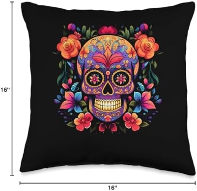 Floral Sugar Skull Flower Store Dia De Los Muertos Costume Halloween Day of Dead Sugar Skull Throw Pillow, 16x16, Multicolor