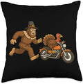 Thanksgiving Turkey Motorcycle Chase Funny Bigfoot Men Throw Pillow by Unknown