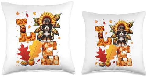 LOVE Thanksgiving Bernedoodle Costume Fall Leaves Sunflower Throw Pillow - Image 3