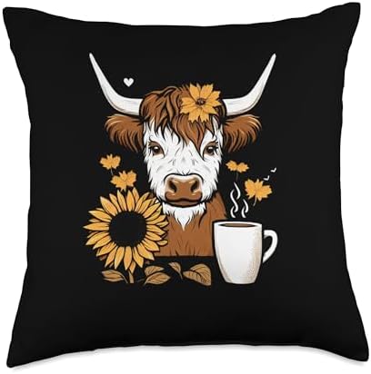 CharlIan Minds - Coffee Lover Cow Fan Thanksgiving Scottish Highland Cow Sunflower Fall Coffee Lover Throw Pillow, 18x18, Multicolor by Unknown