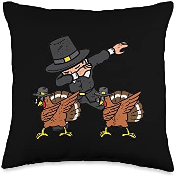 Pilgrim And Turkey Dab Thanksgiving Dance Boys Girls Kids Throw Pillow by Unknown
