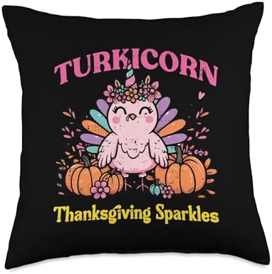 Turkicorn Thanksgiving Sparkles Turkey Unicorn Girls Kids Throw Pillow by Unknown