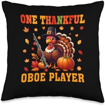 One Thankful Oboe Player Thanksgiving Turkey Instrument Throw Pillow by Unknown
