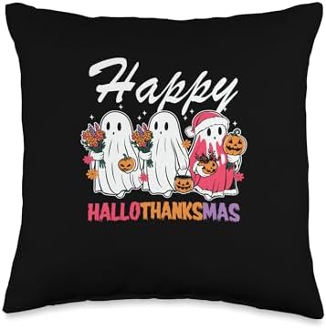 Halloween Thanksgiving Christmas HalloThanksMas Ghosts Throw Pillow by Unknown
