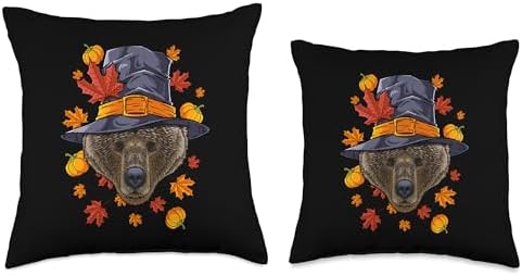Thanksgiving Grizzly Bear Pilgrim Costume Fall Autumn Throw Pillow - Image 3