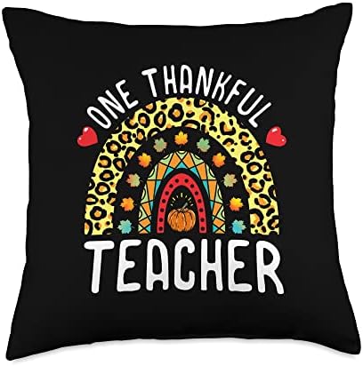 One Thankful Teacher Thanksgiving Rainbow Leopard Fall Throw Pillow by Unknown