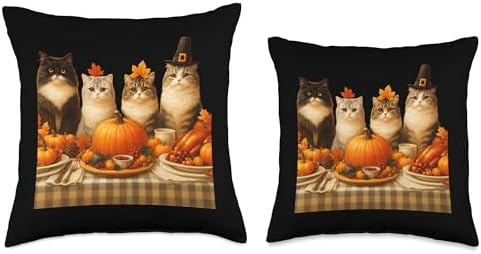 Fall Thanksgiving Cats Dinner Feast Vintage Fall Home Decor Throw Pillow - Image 3