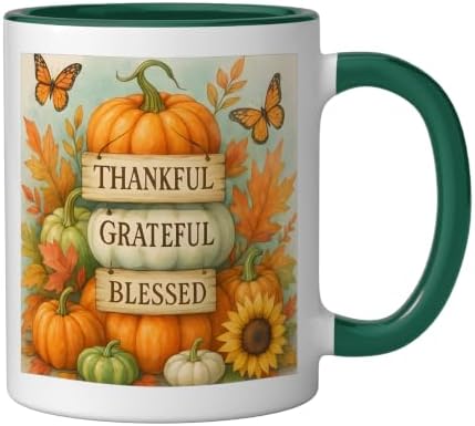 Thankful Grateful Blessed - Fall Pumpkin Family Thanksgiving Ceramic Mug, Dark Green/White, 11oz - Image 2
