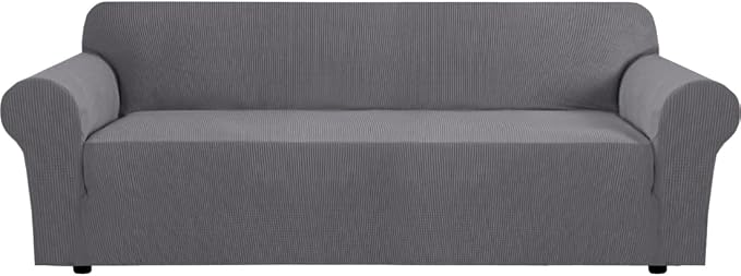 H.VERSAILTEX Stretch Couch Covers for Sofa 1 Piece Slipcovers for Couches and Sofas 3 Seater Couch Cover Feature Thick Checked Jacquard Fabric with Elastic Bottom(Large Sofa 90"-100" Wide, Grey)