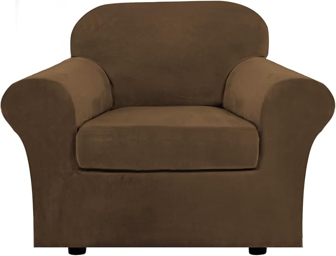 H.VERSAILTEX Rich Velvet Stretch 2 Piece Cover Chair Slipcover Sofa Cover Furniture Protector Couch Soft with Elastic Bottom Chair Couch Cover Width Up to 49 Inch (Chair, Bronze Brown)